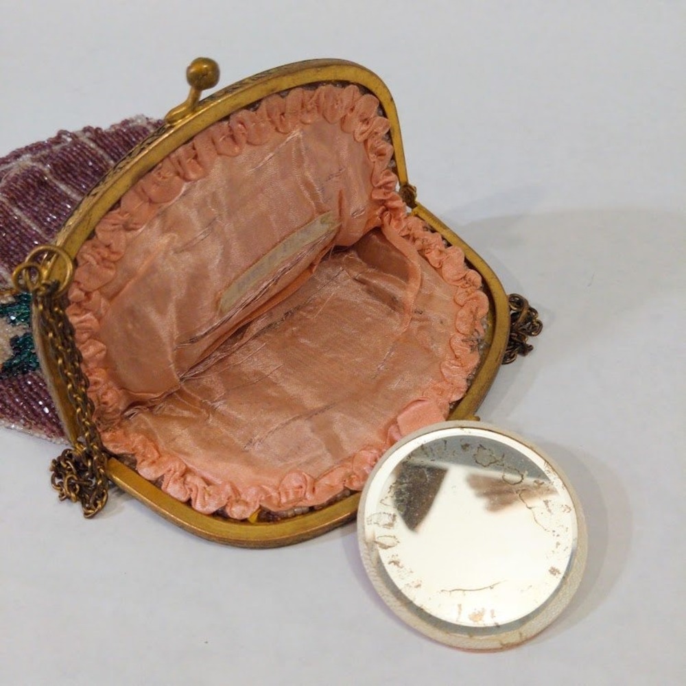 Antique 1920s Micro Beaded Purse Rose Floral Flapper Bag w/ Mirror 1929 Card Vtg - Picture 5 of 14